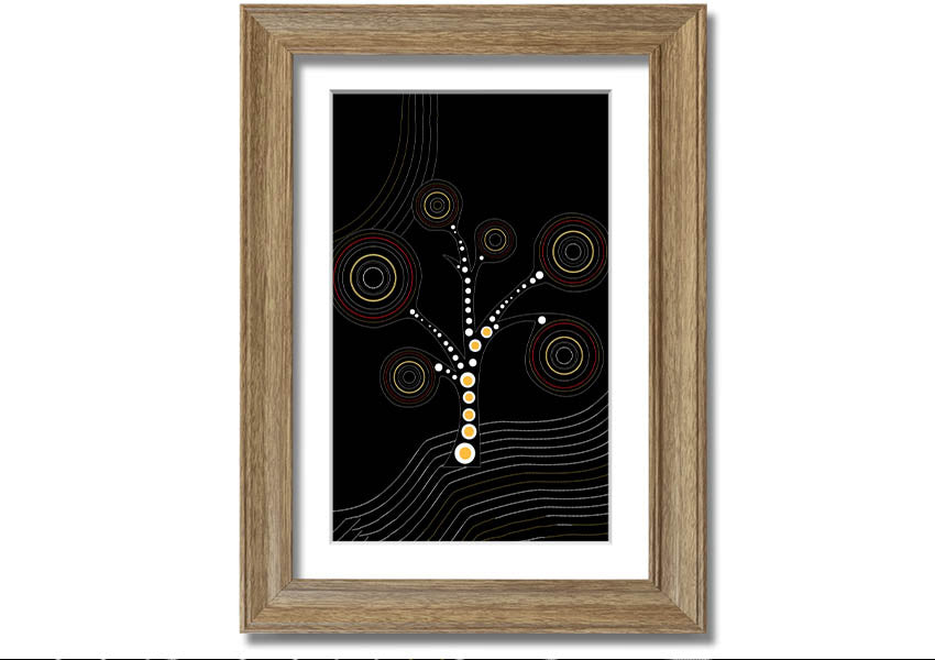 Framed Aboriginal Tree 2 print showcasing vibrant colors and intricate patterns, ready to hang.